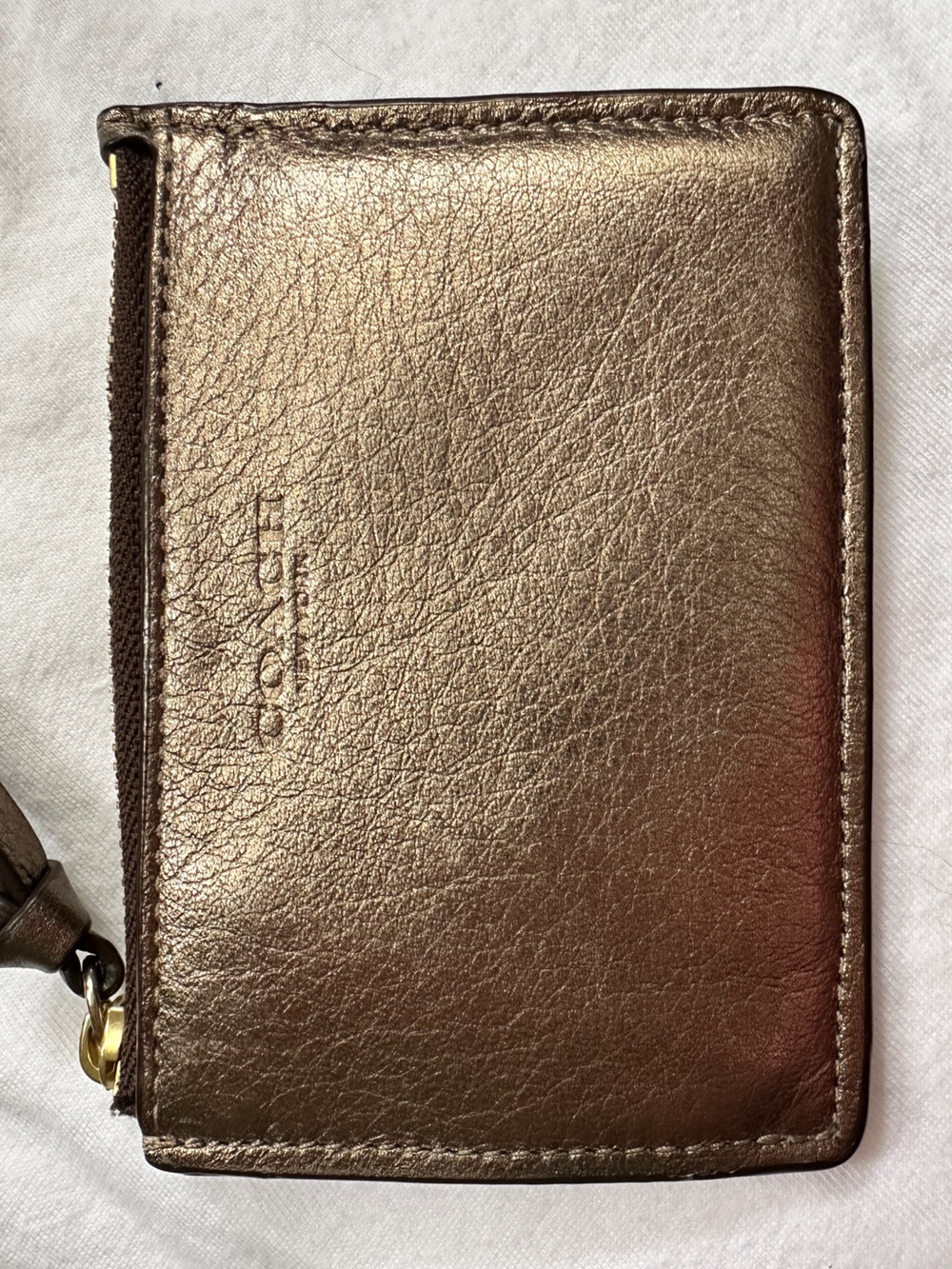Coach Metallic Bronze Leather Card Holder with Gold Hardware